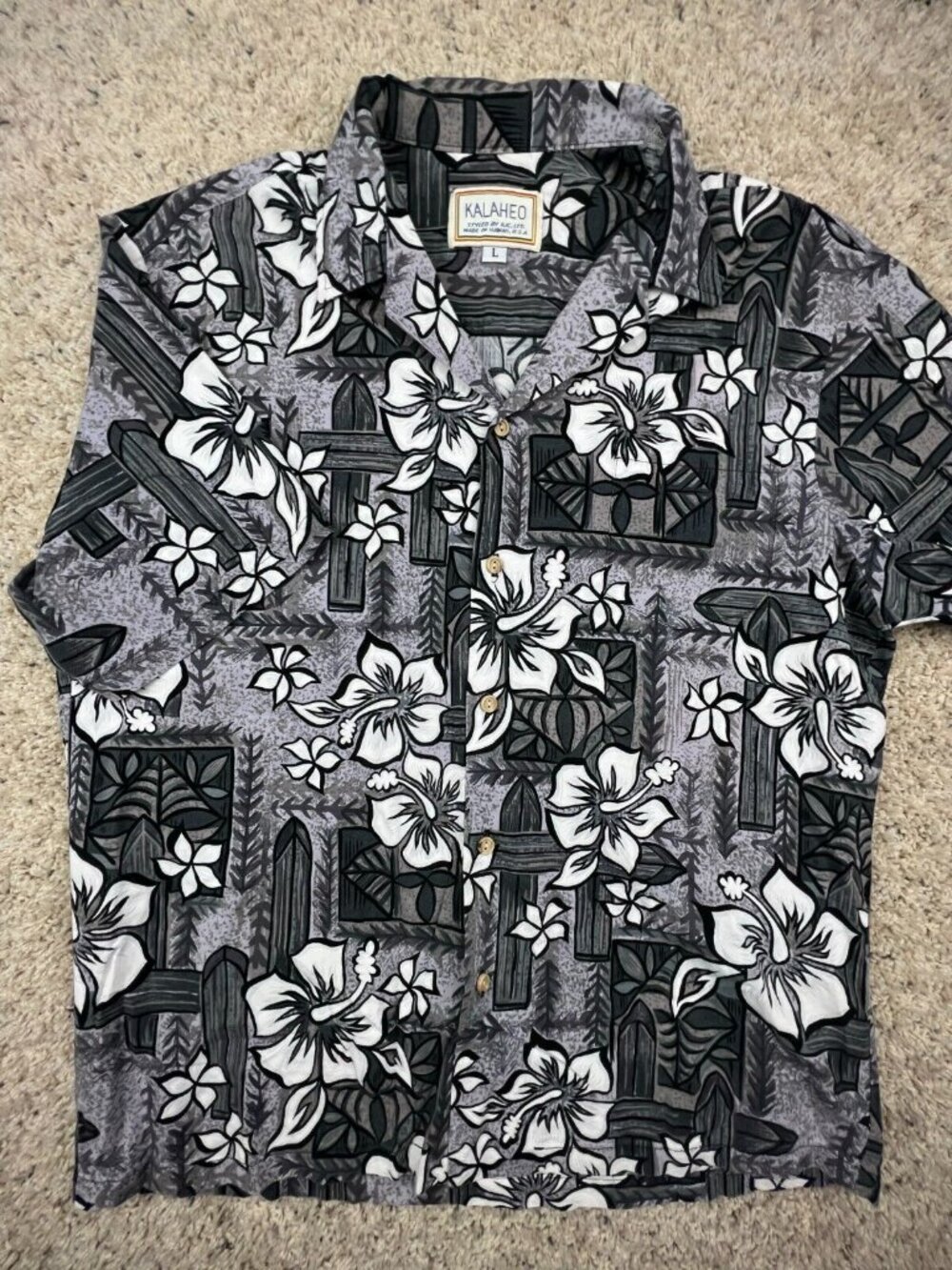 VTG Kalaheo Hawaiian Camp Shirt Men Size Large Gray Floral Tiki Short Sleeve USA
